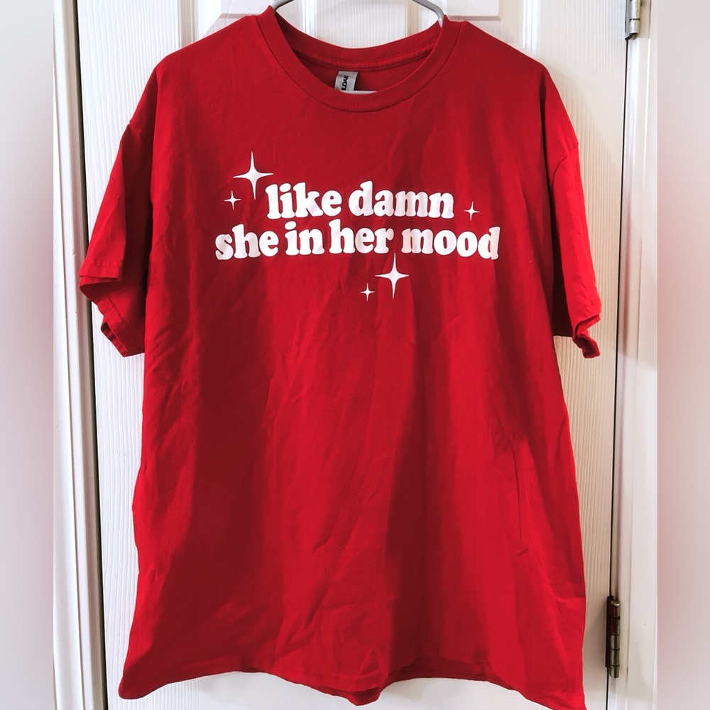 NWOT women’s oversized red tee - “like damn she in her mood” / ice spice size XL